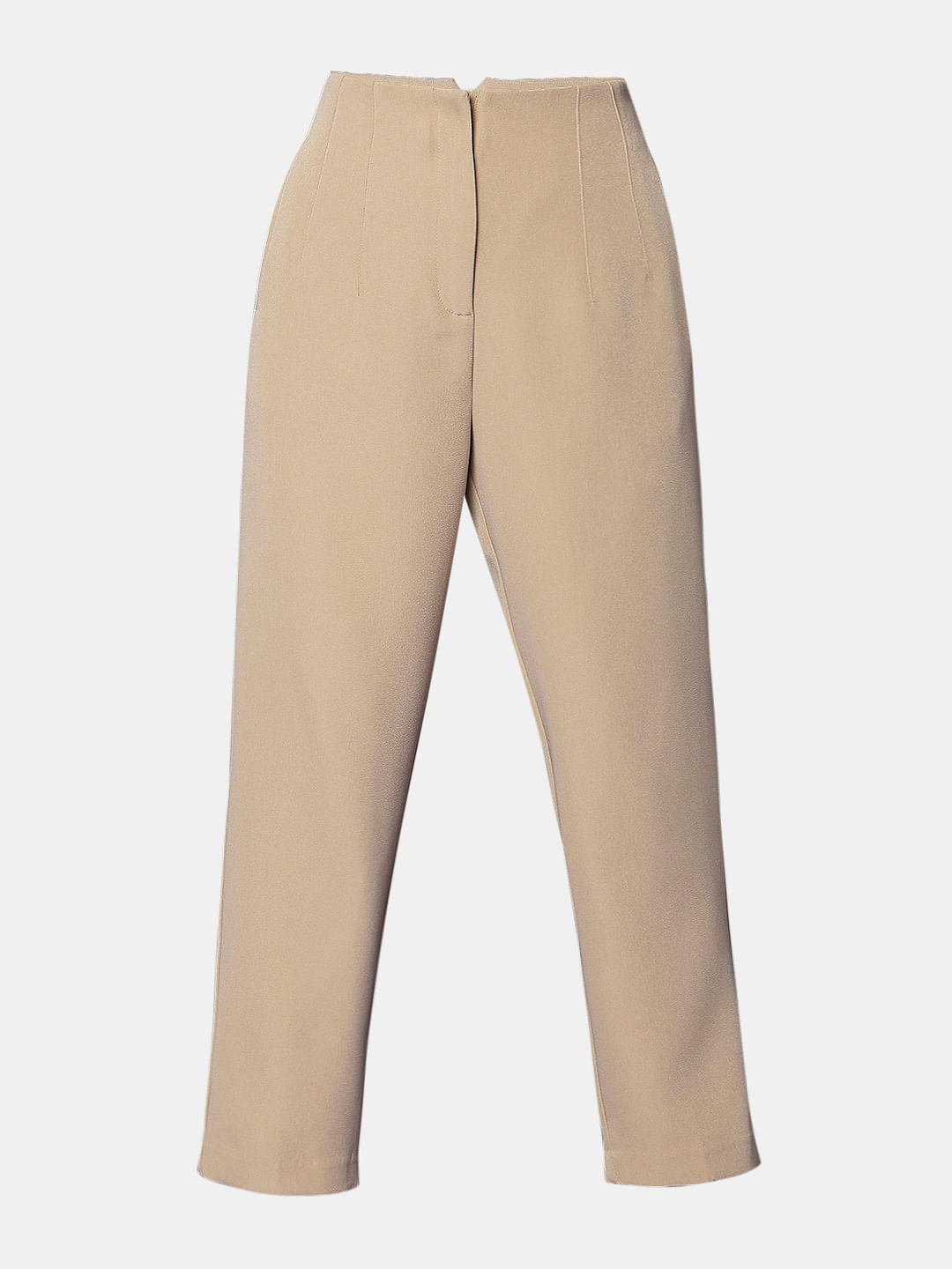 Beige High Rise Tapered Fit Pants