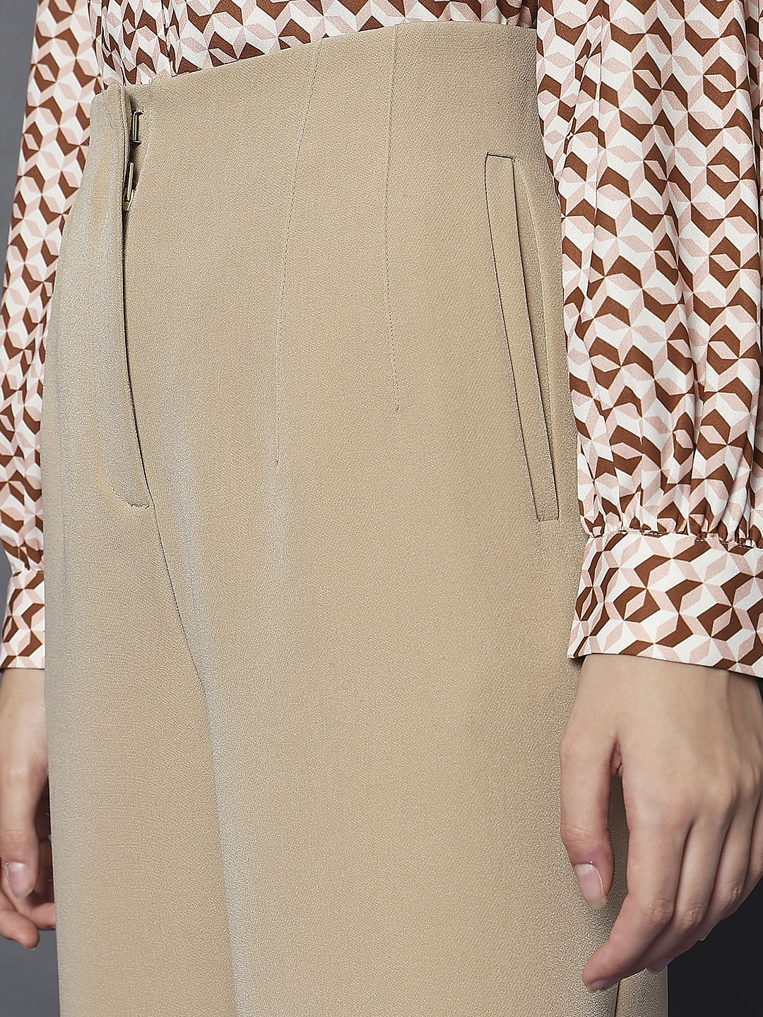 Beige High Rise Tapered Fit Pants