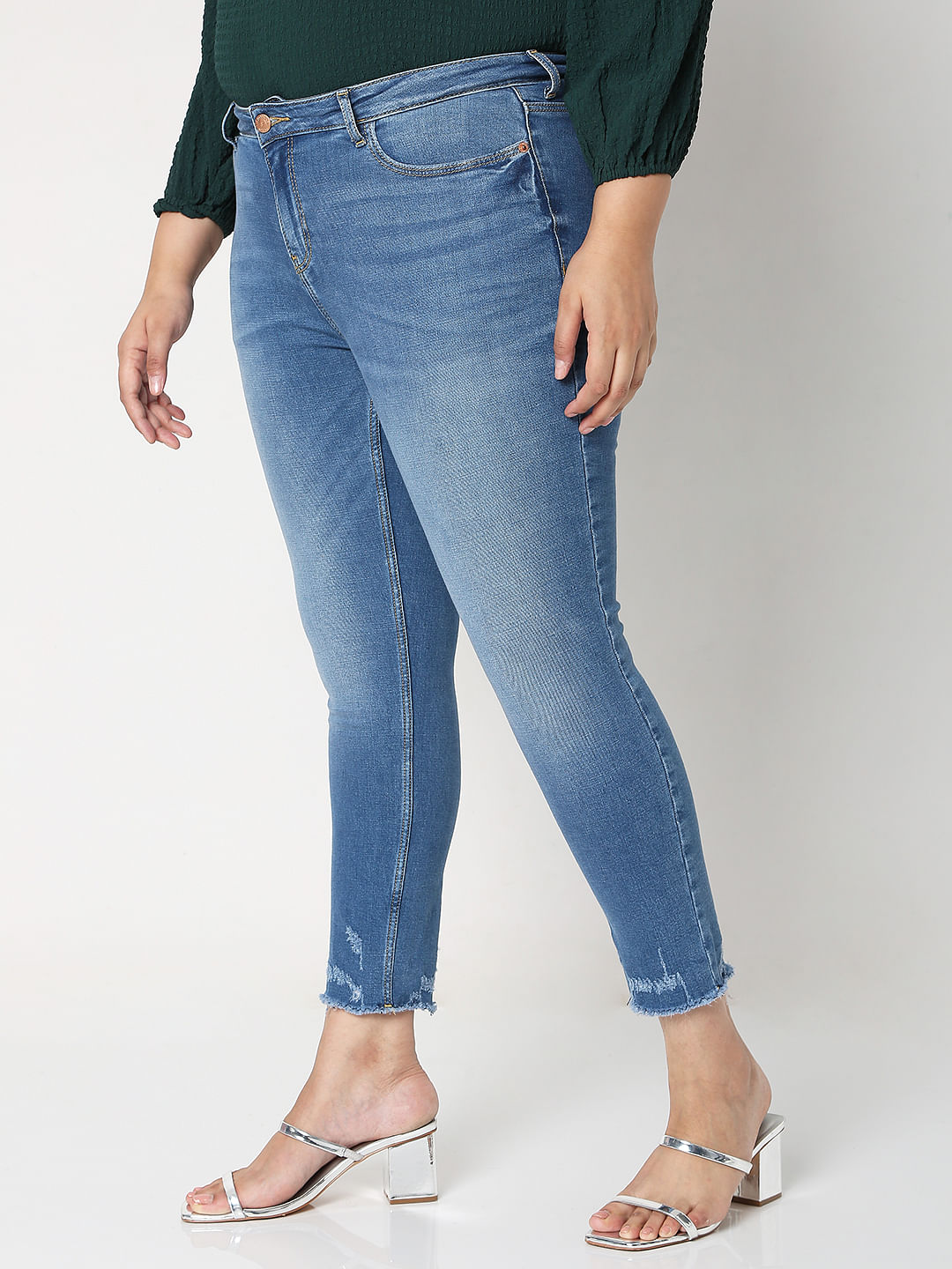 Curve Blue Mid Rise Distressed Wendy Skinny Jeans