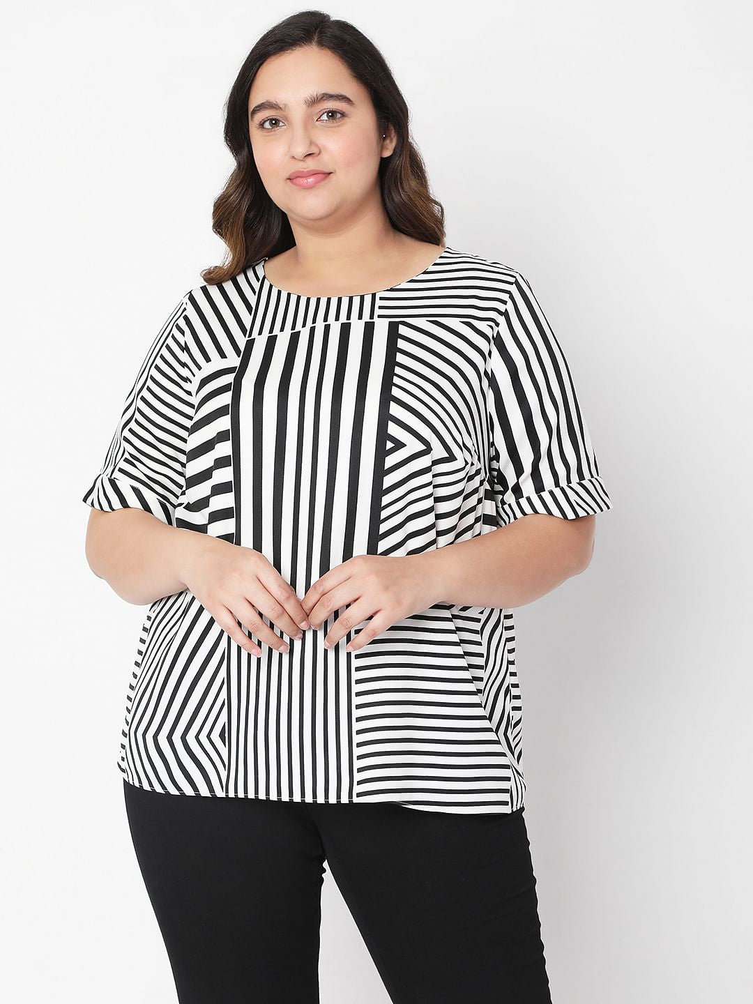 Curve Black & White Asymmetrical Striped Top