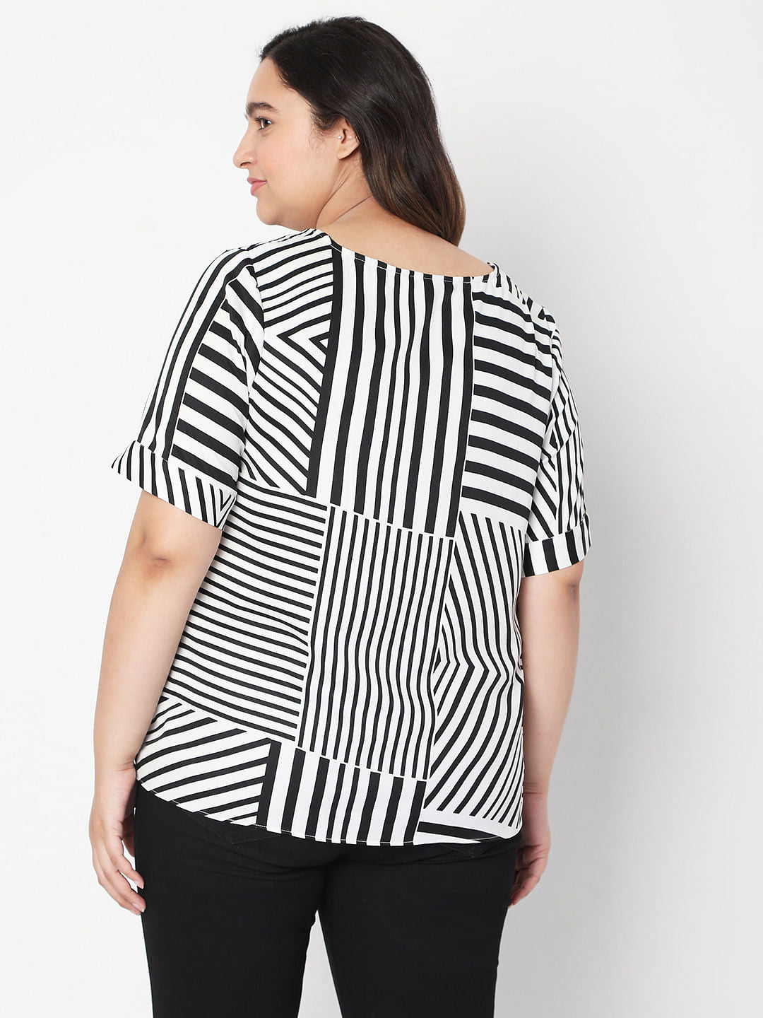 Curve Black & White Asymmetrical Striped Top