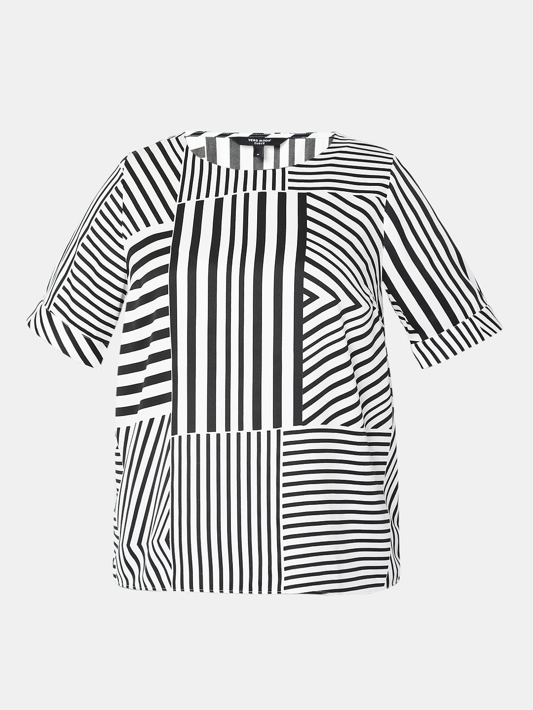 Curve Black & White Asymmetrical Striped Top