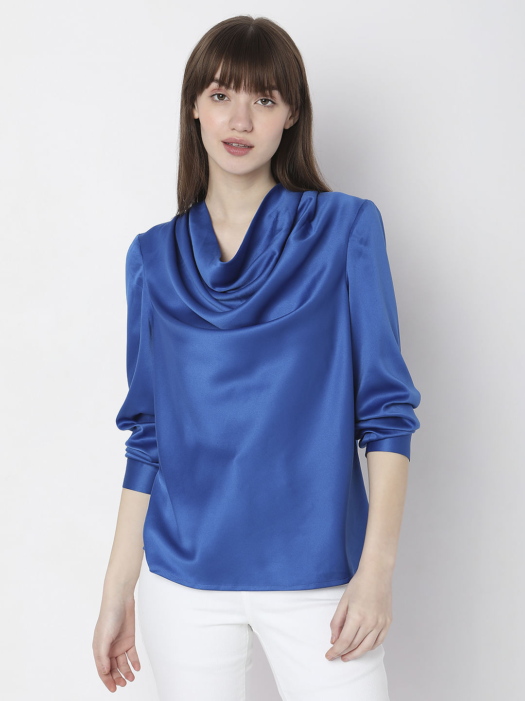 Blue Cowl Neck Satin Top
