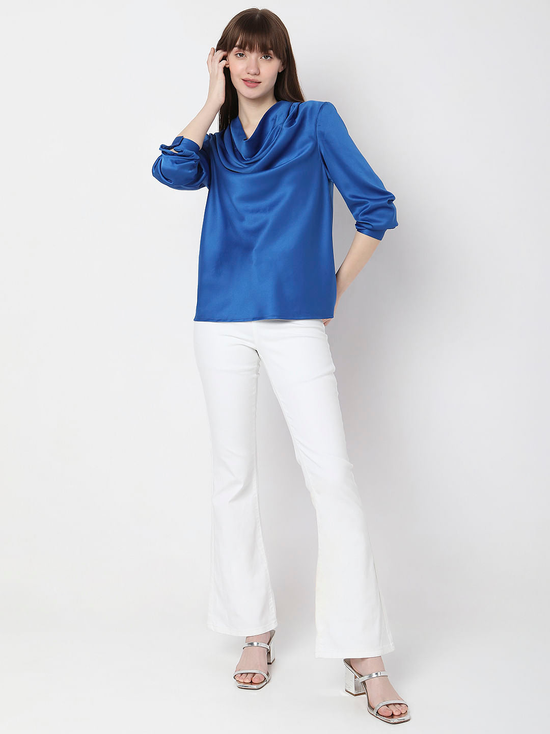 Blue Cowl Neck Satin Top