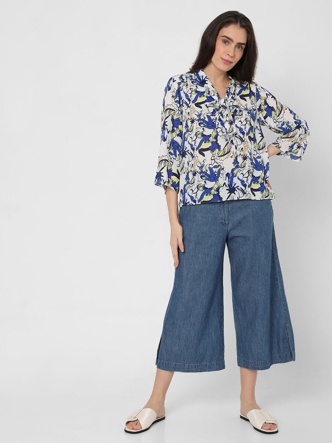 White Abstract Garden Print Top