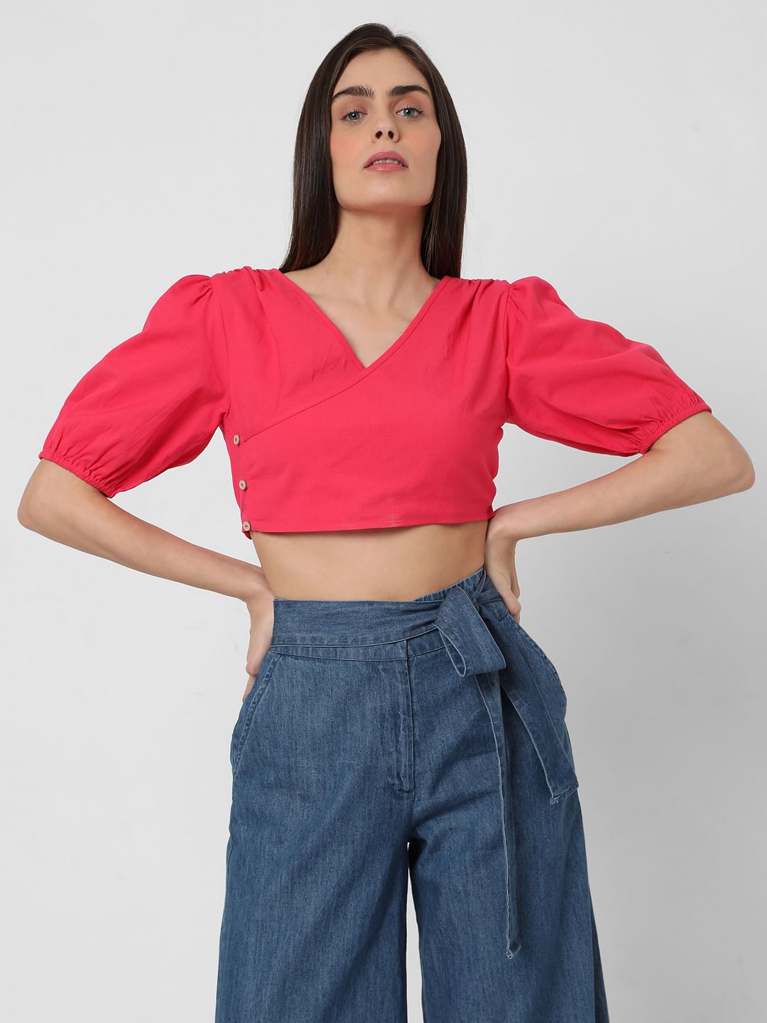 Pink Puff Sleeves Co-Ord Set Crop Top