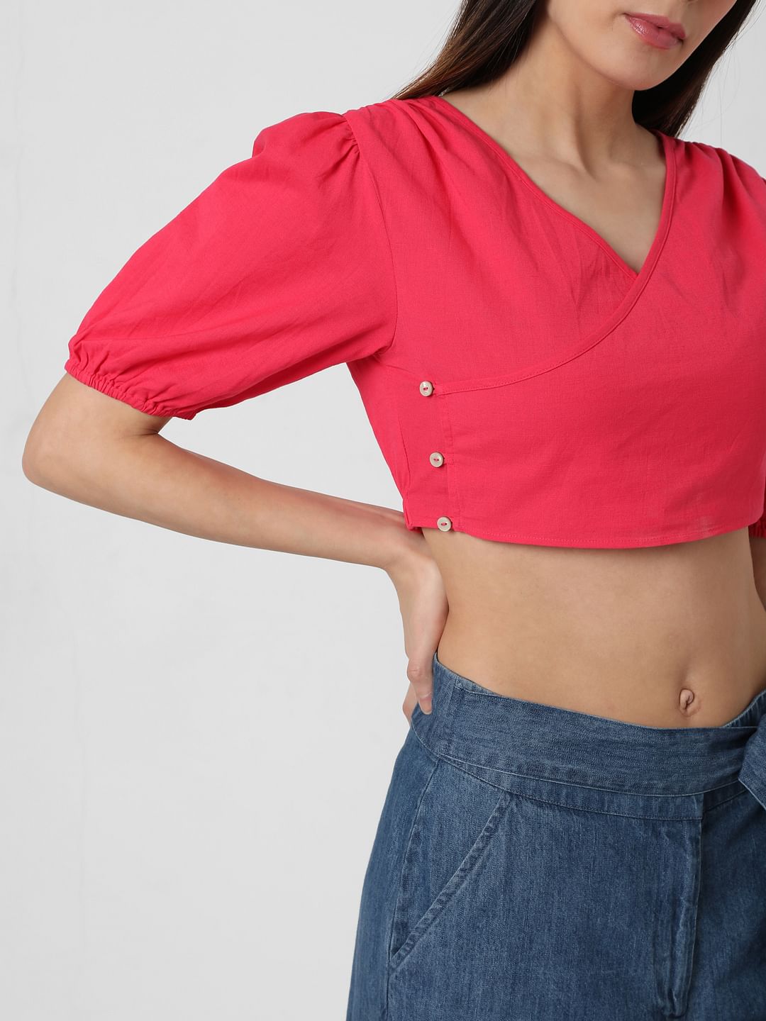 Pink Puff Sleeves Co-Ord Set Crop Top