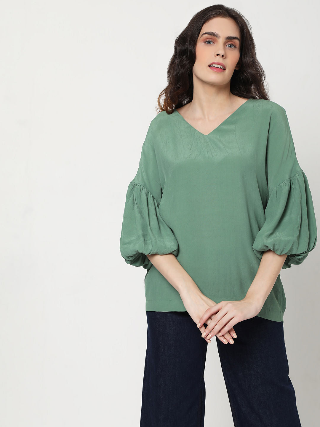 Green Puff Sleeves Top