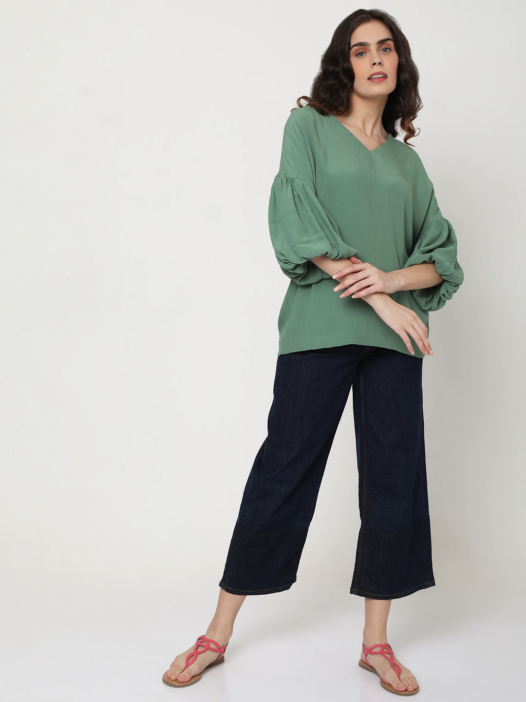 Green Puff Sleeves Top
