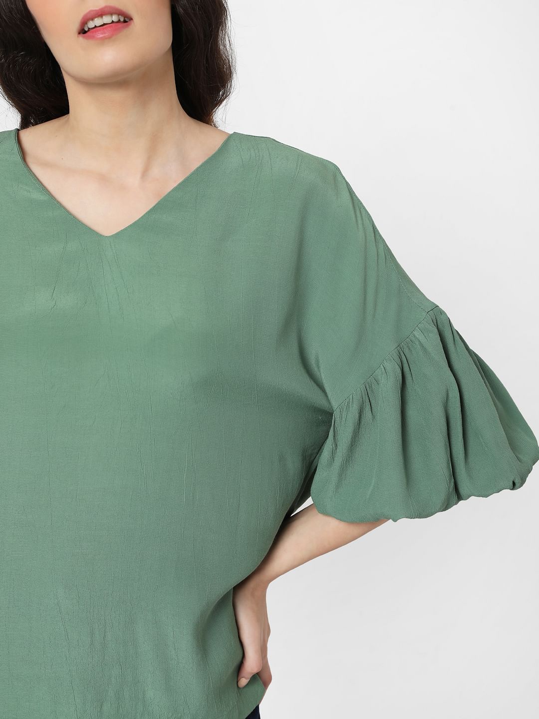 Green Puff Sleeves Top