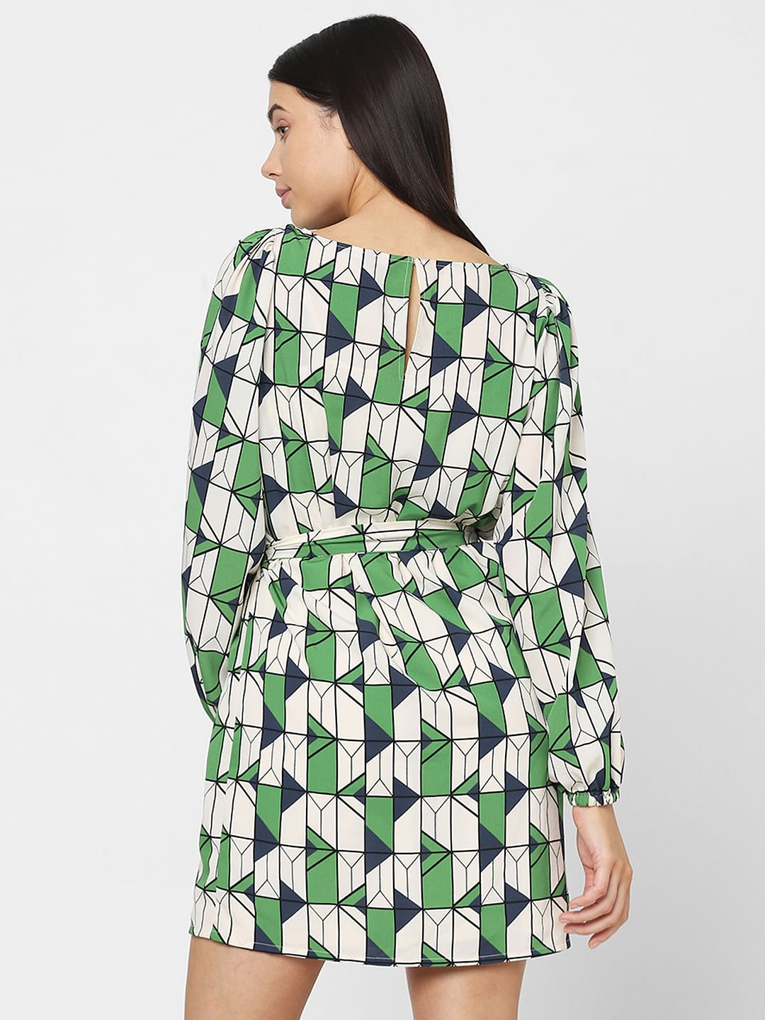 Beige Geometric Print Fit & Flare Dress