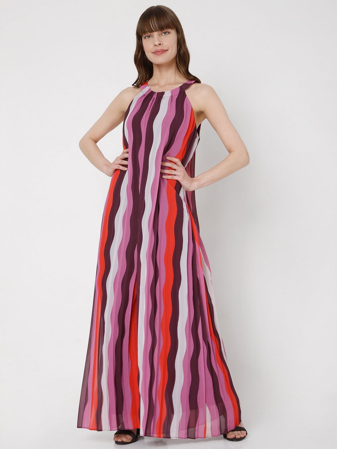 Purple Asymmetrical Striped Jumpsuit