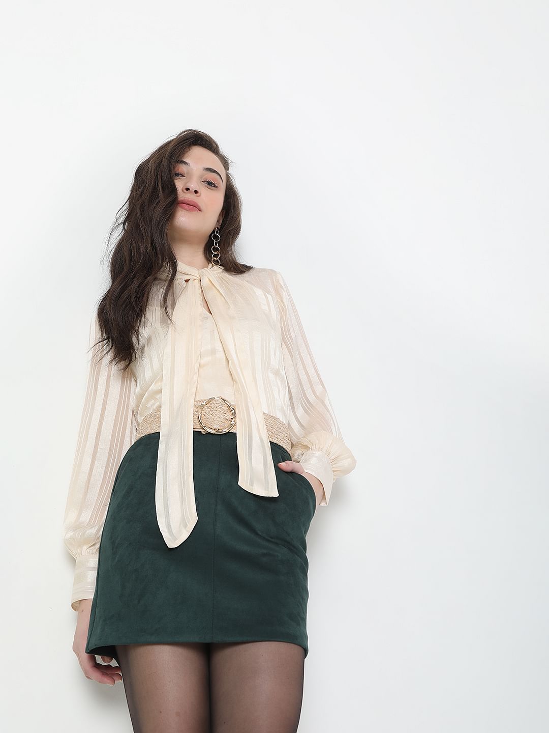 Beige Striped Satin Top