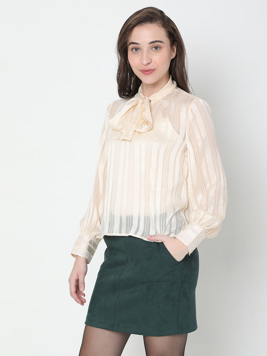 Beige Striped Satin Top