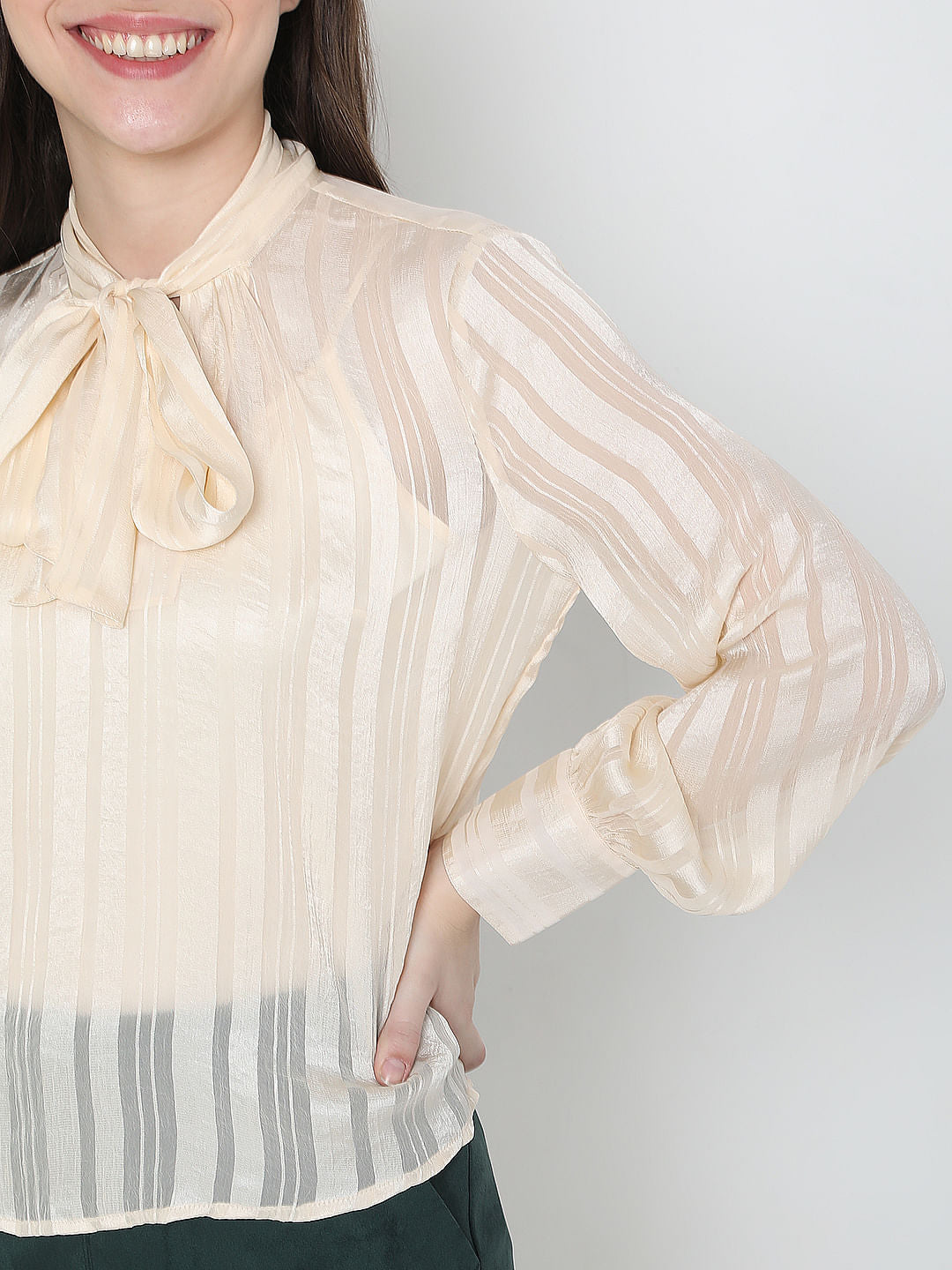 Beige Striped Satin Top