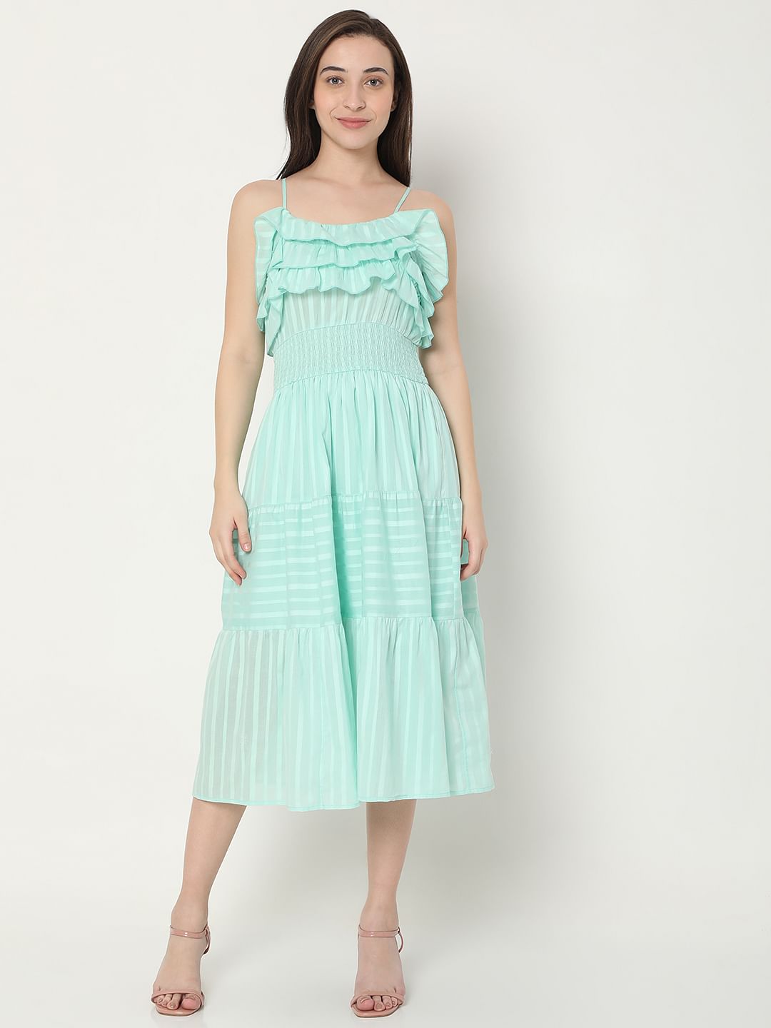 Green Striped Strappy Midi Dress