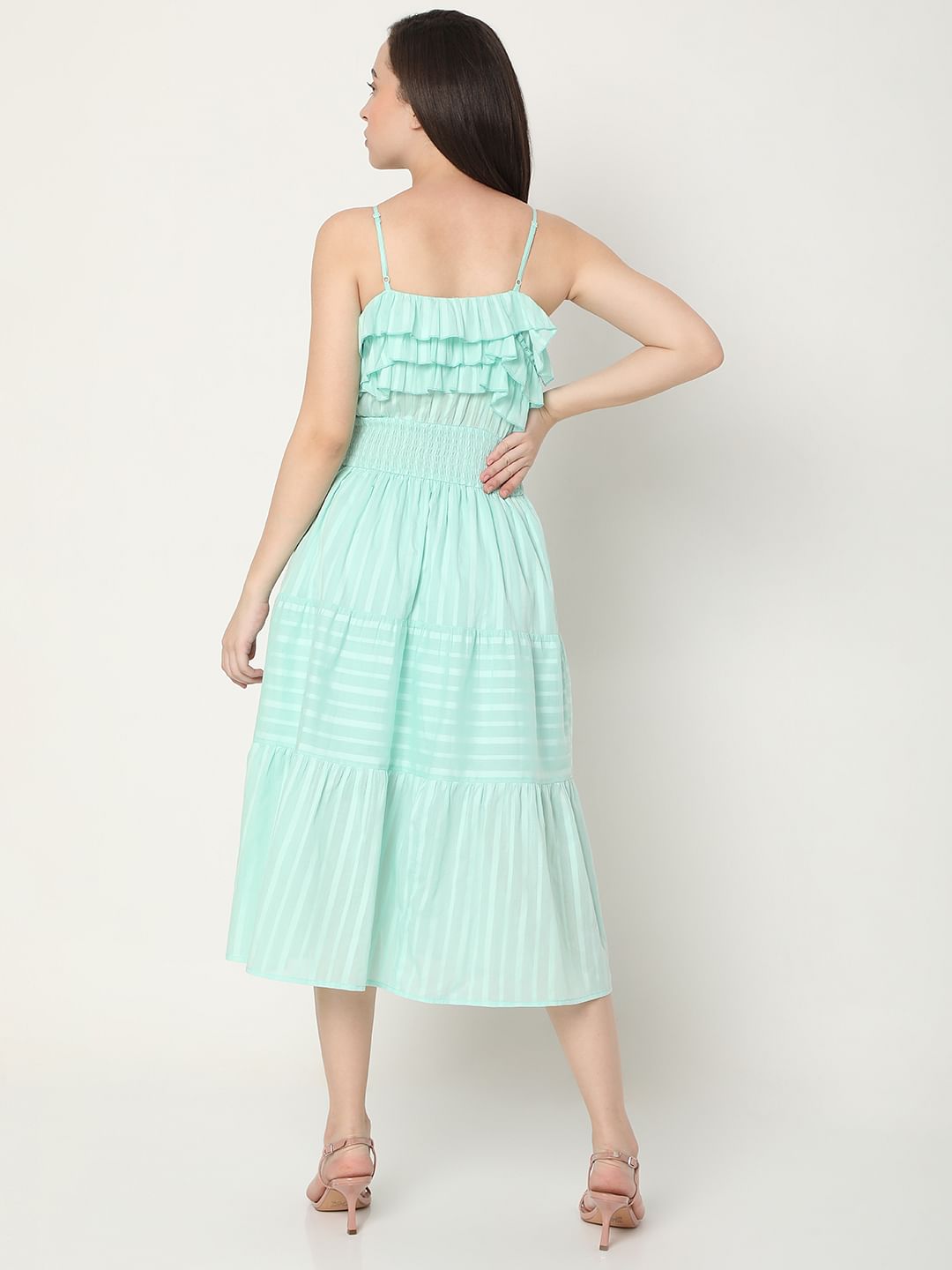Green Striped Strappy Midi Dress