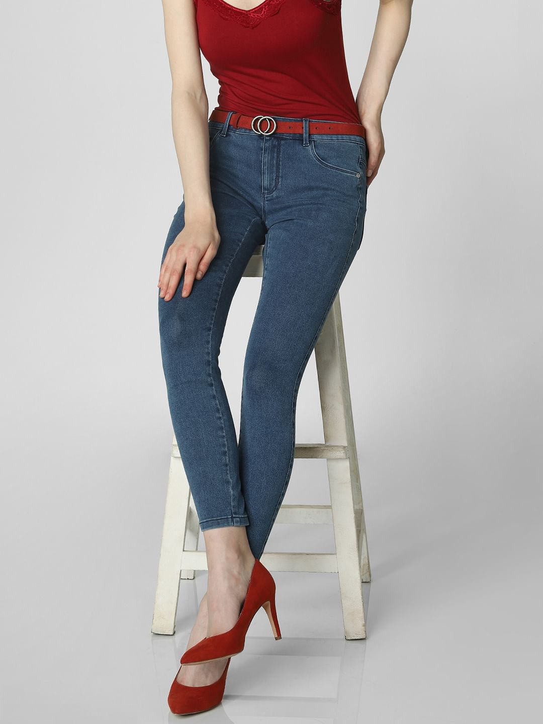 Blue Mid Rise Ankle Length Skinny Fit Jeggings