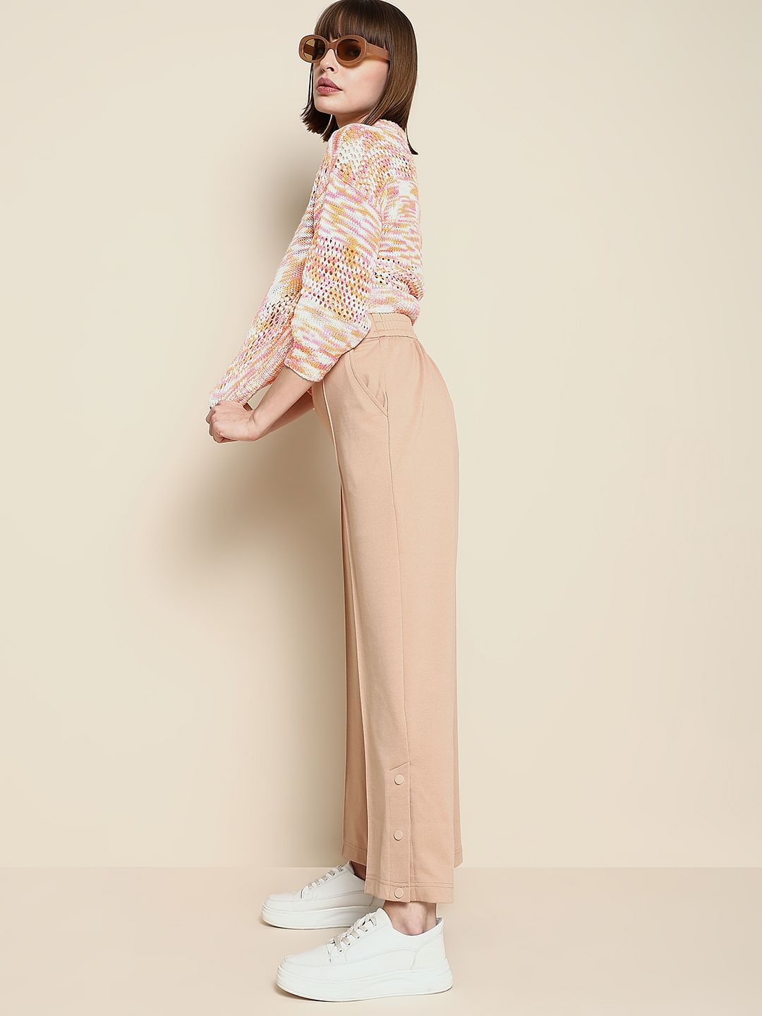 Beige High Rise Wide Leg Pants