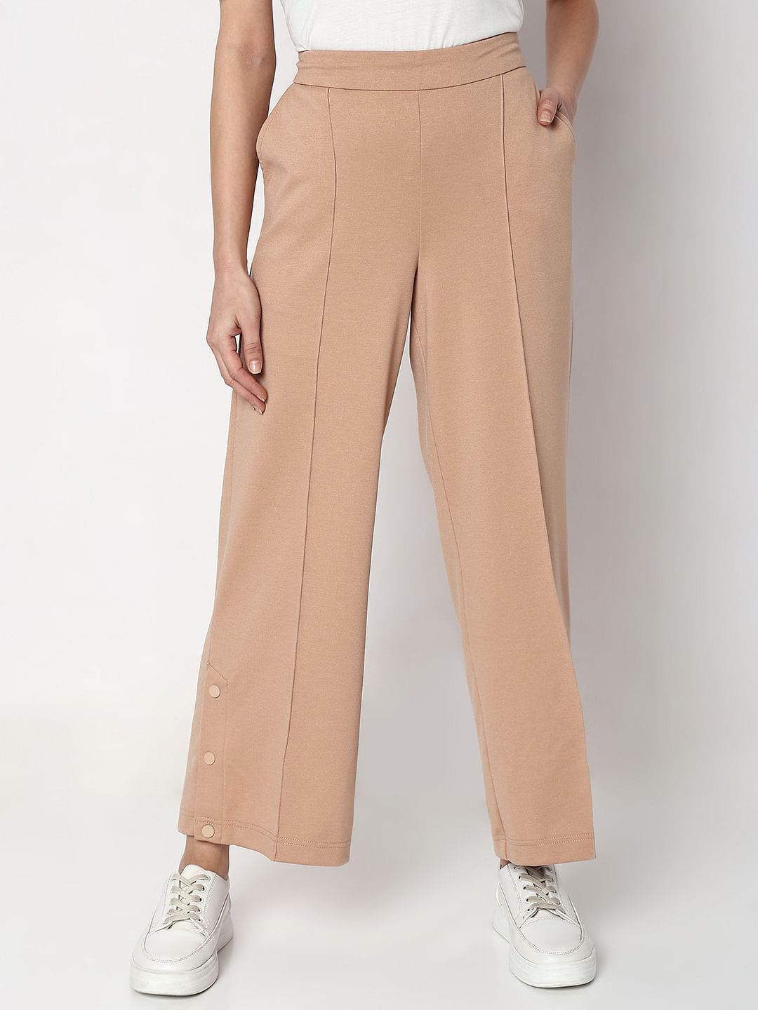 Beige High Rise Wide Leg Pants