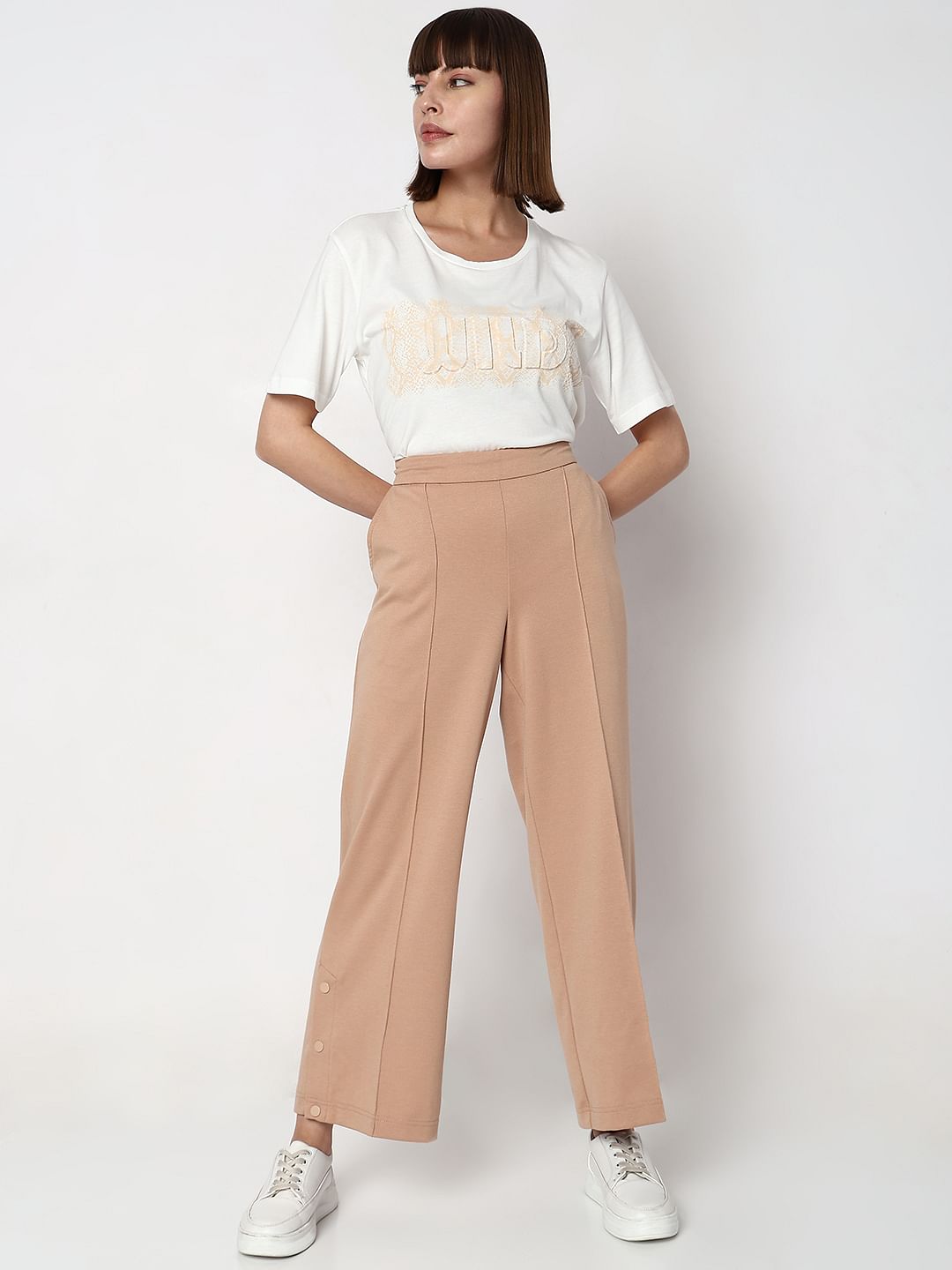 Beige High Rise Wide Leg Pants