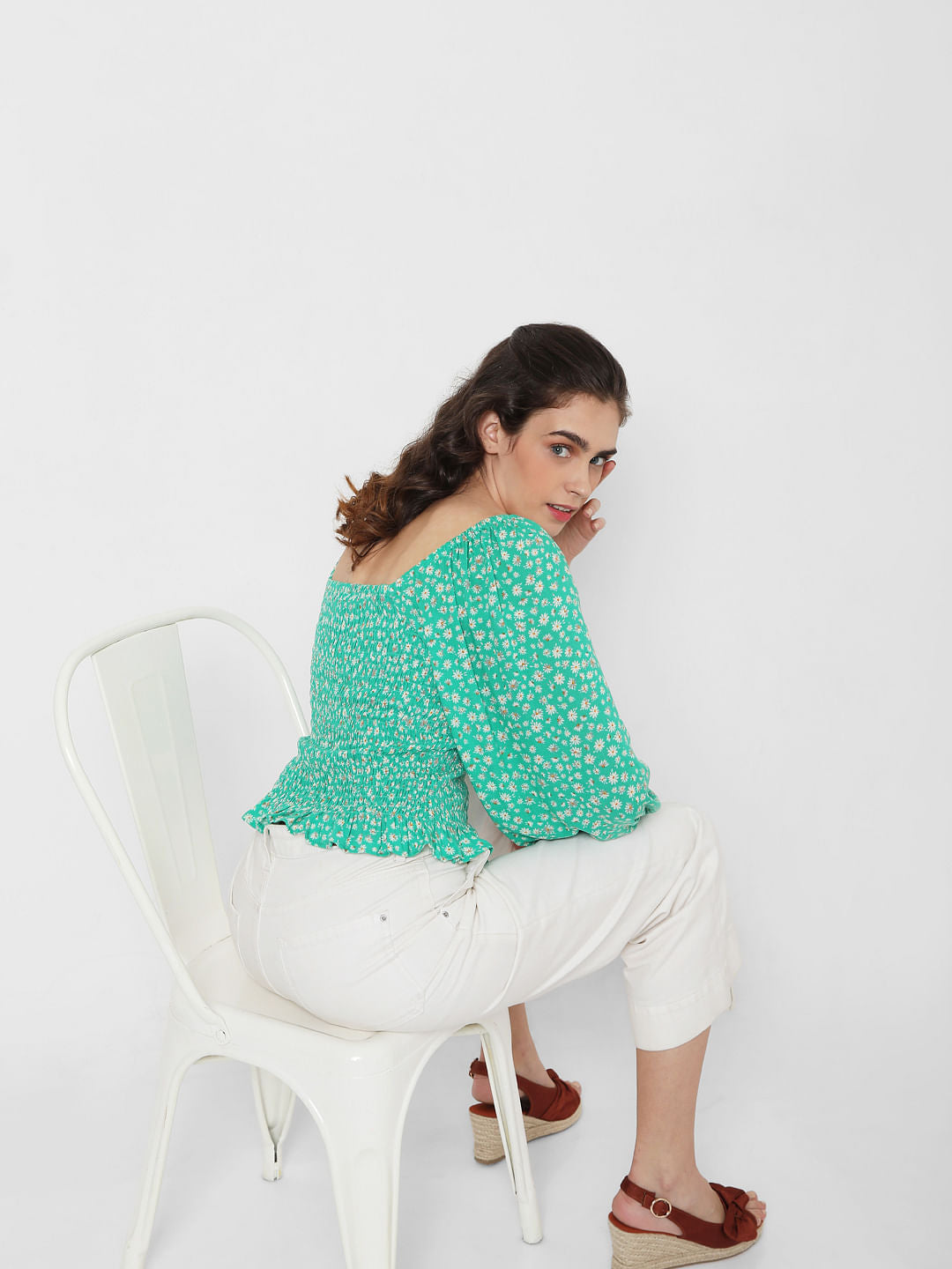 Green Floral Smocked Top