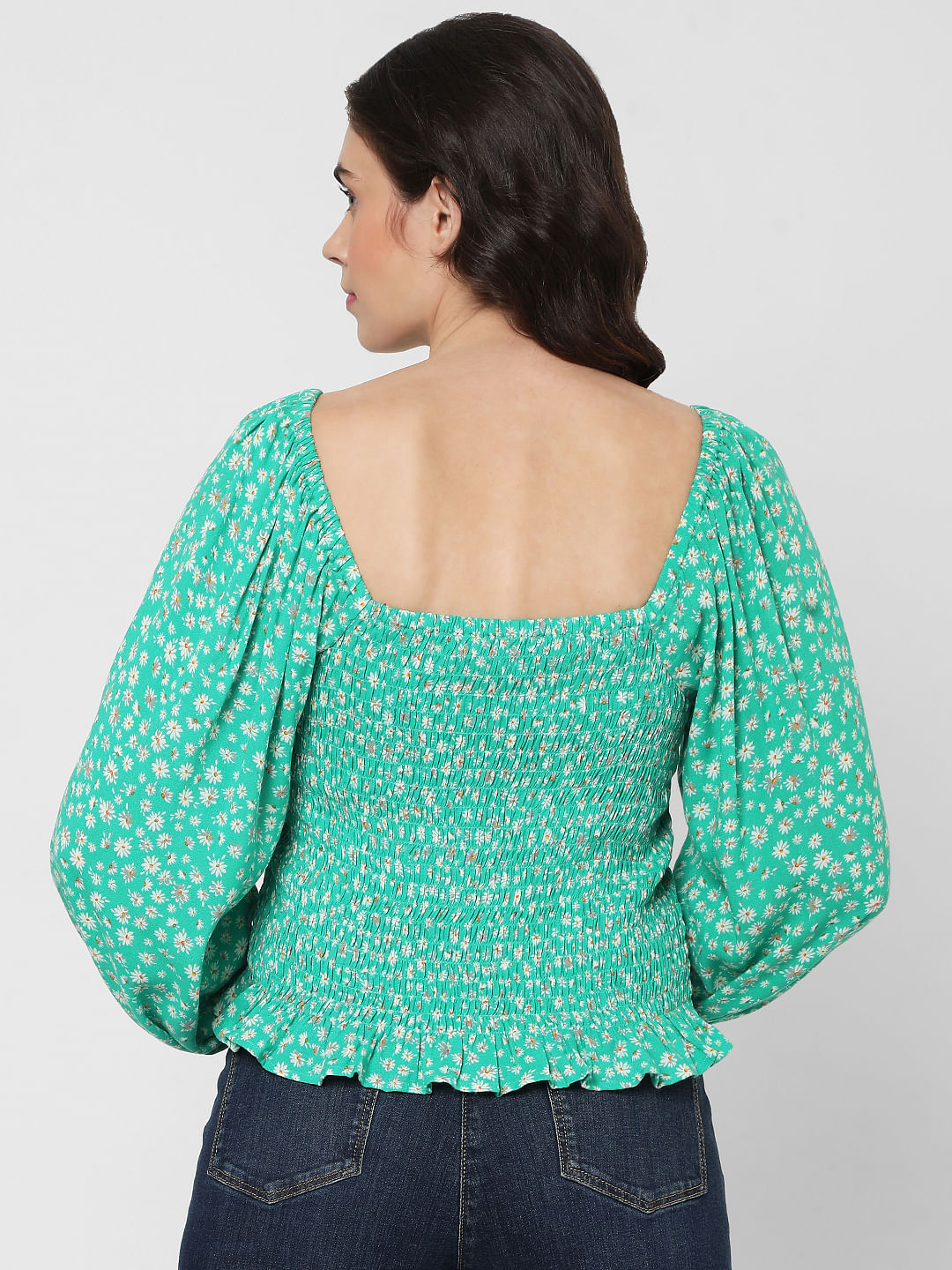 Green Floral Smocked Top