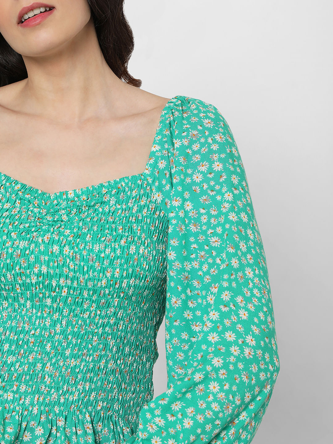 Green Floral Smocked Top