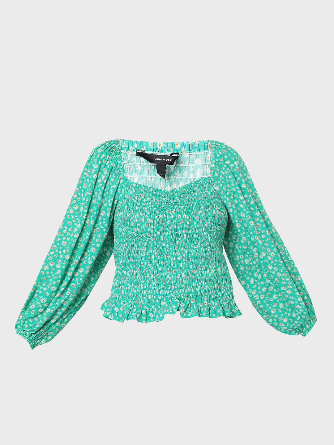 Green Floral Smocked Top