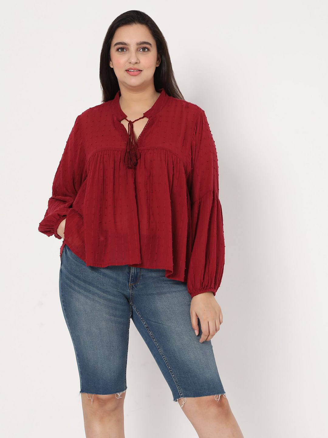 Curve Red Textured Boho Top