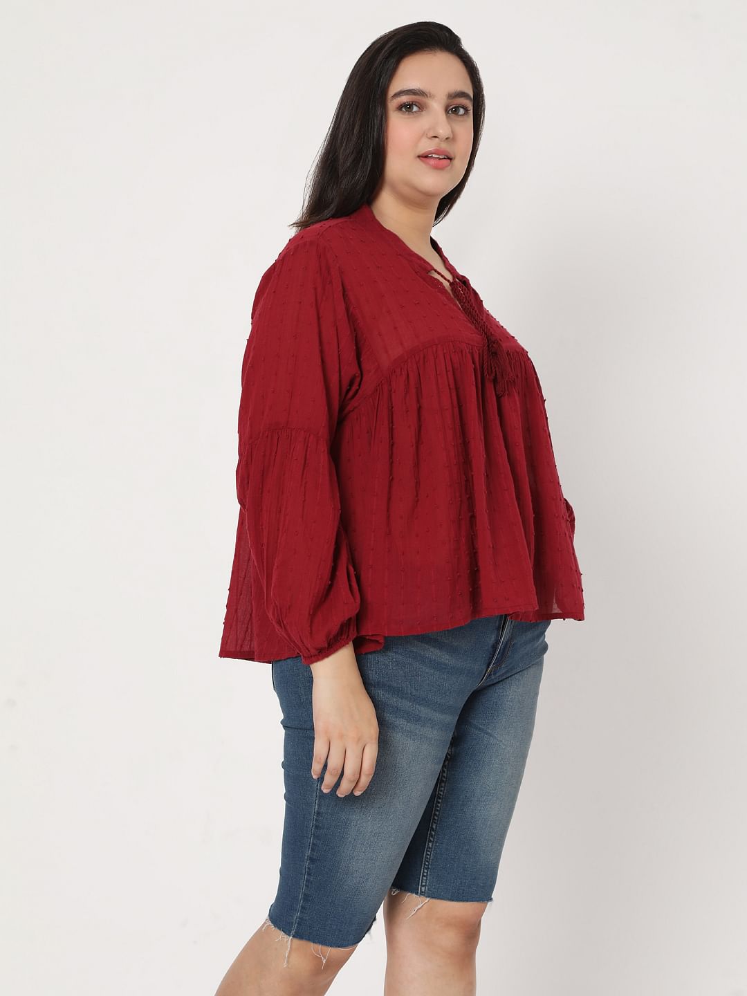 Curve Red Textured Boho Top