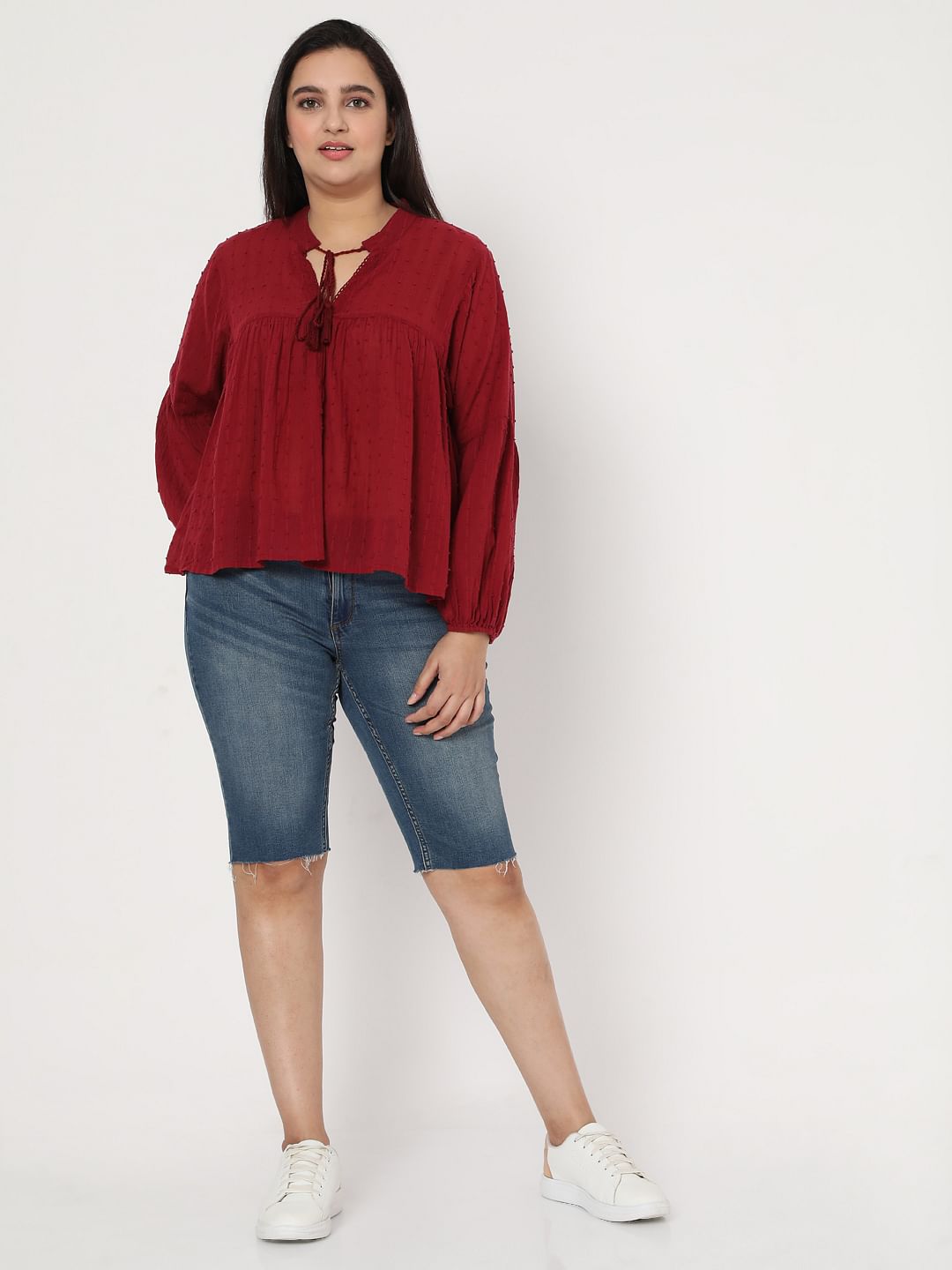 Curve Red Textured Boho Top