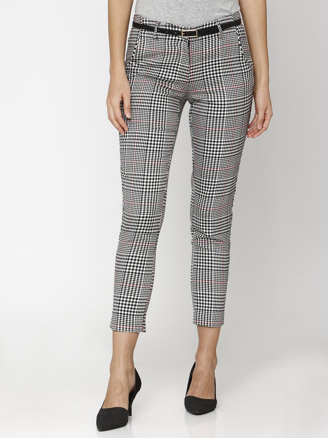Black Mid Rise Check Ankle Length Pants