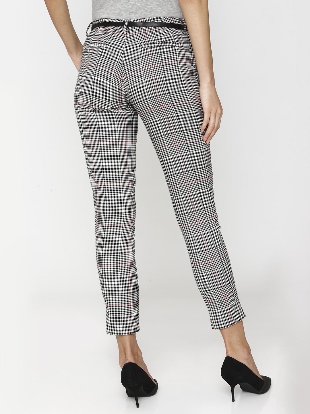 Black Mid Rise Check Ankle Length Pants