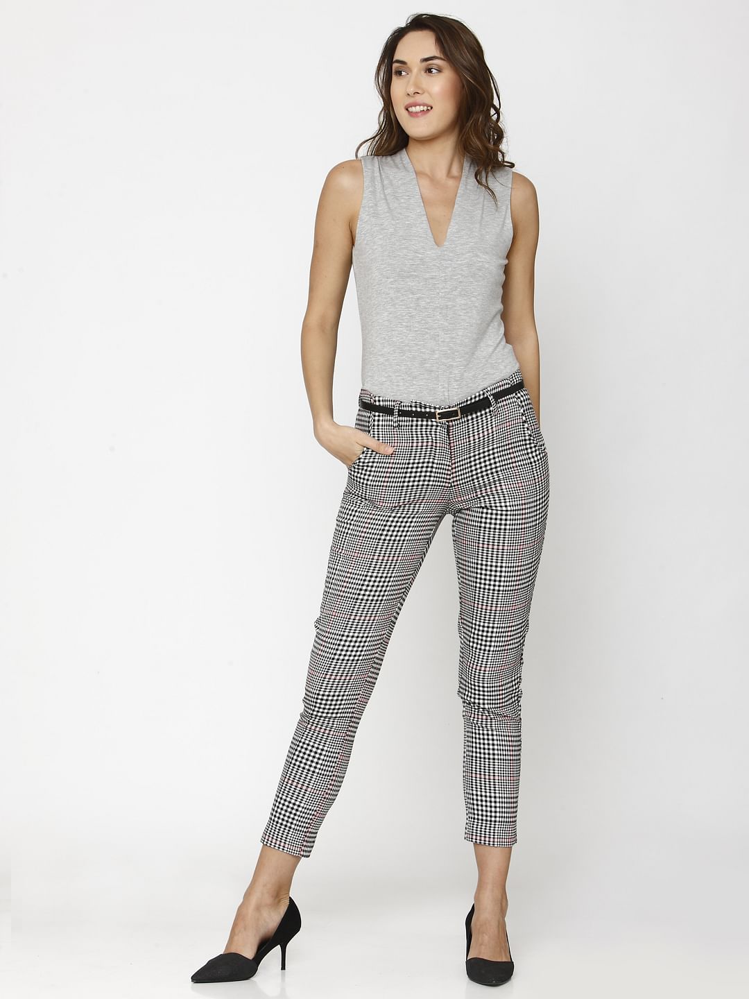 Black Mid Rise Check Ankle Length Pants