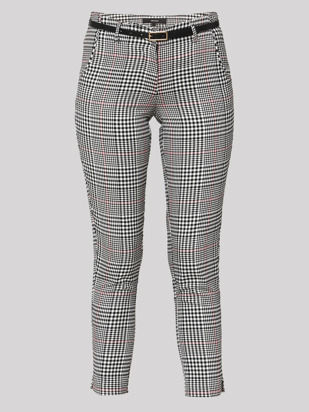 Black Mid Rise Check Ankle Length Pants