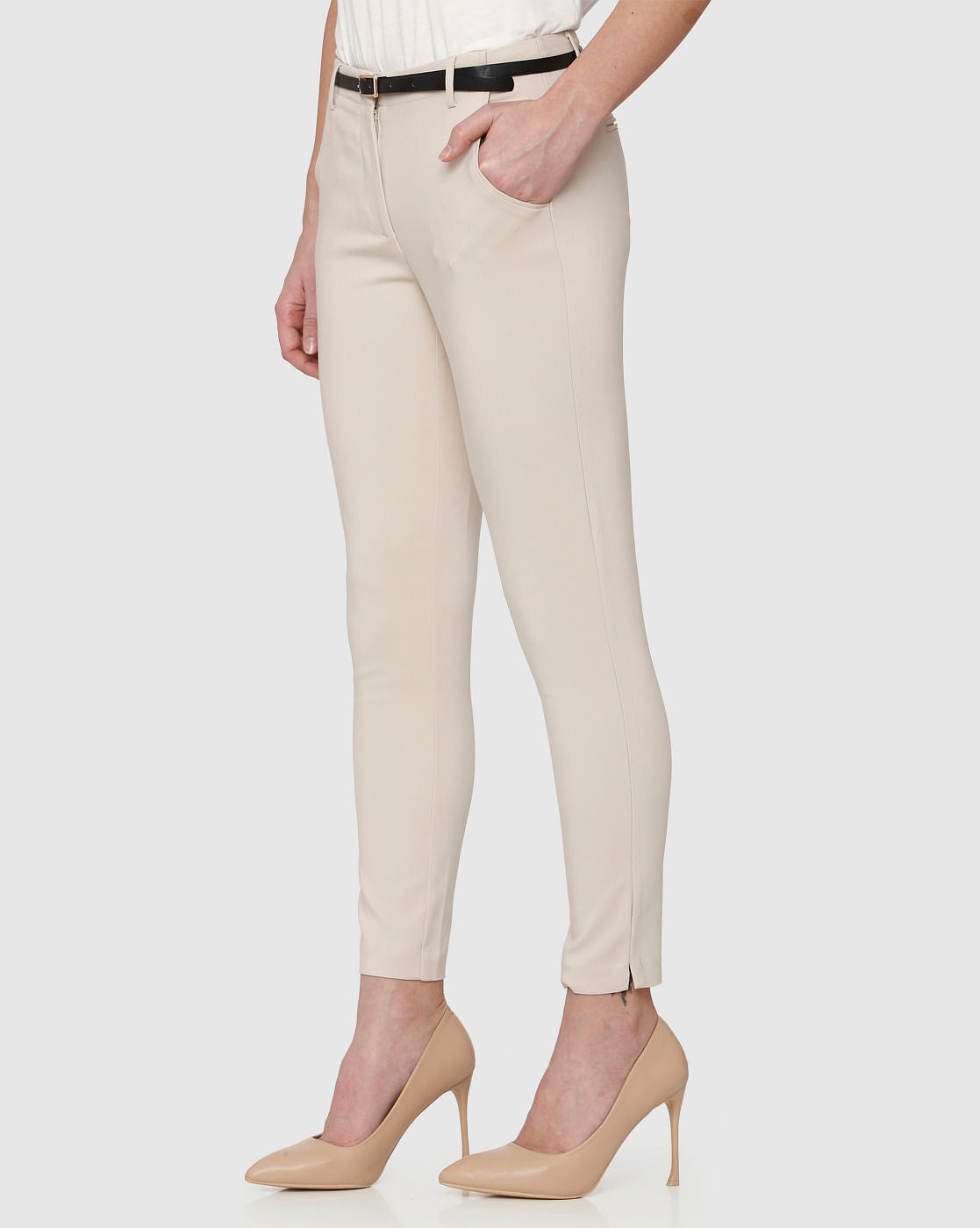 Beige Mid Rise Ankle Length Fitted Pants
