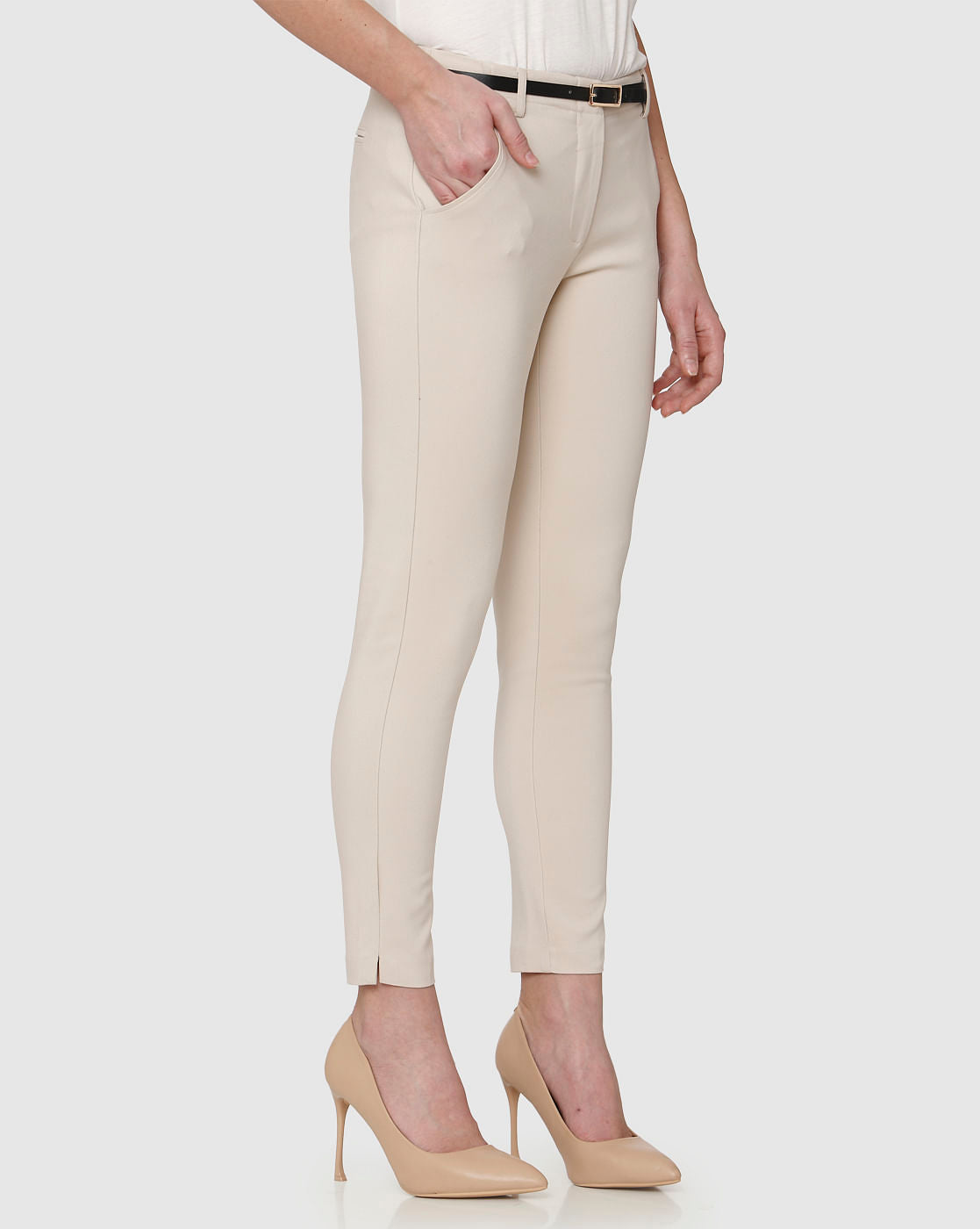 Beige Mid Rise Ankle Length Fitted Pants