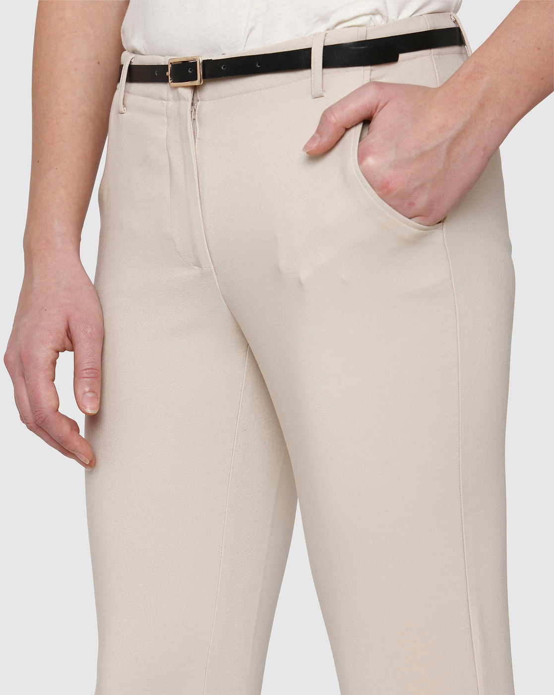 Beige Mid Rise Ankle Length Fitted Pants