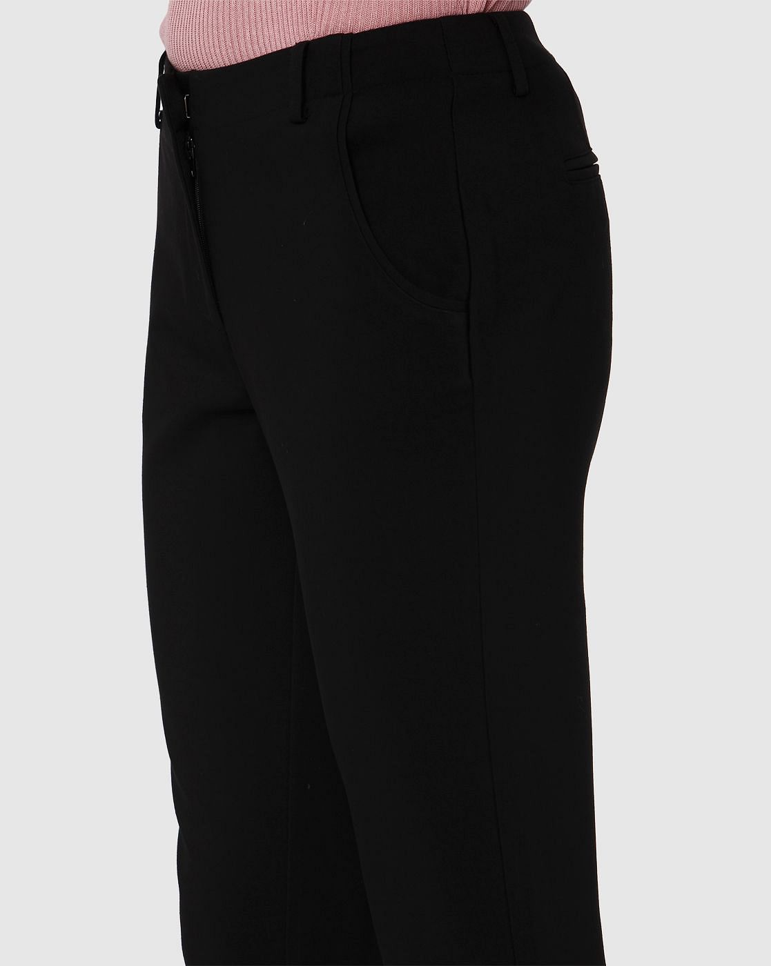 Black Mid Rise Ankle Length Straight Fit Trousers