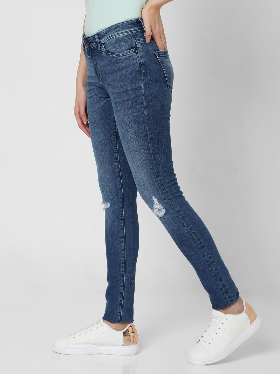 Blue Mid Rise Ripped Wendy Skinny Jeans