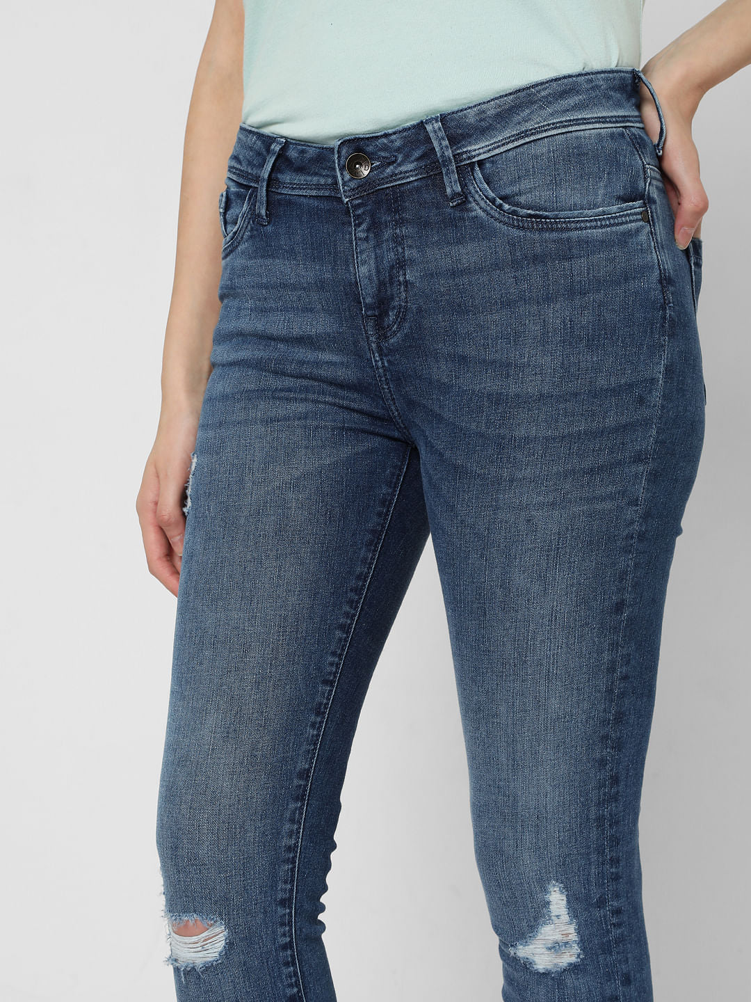 Blue Mid Rise Ripped Wendy Skinny Jeans