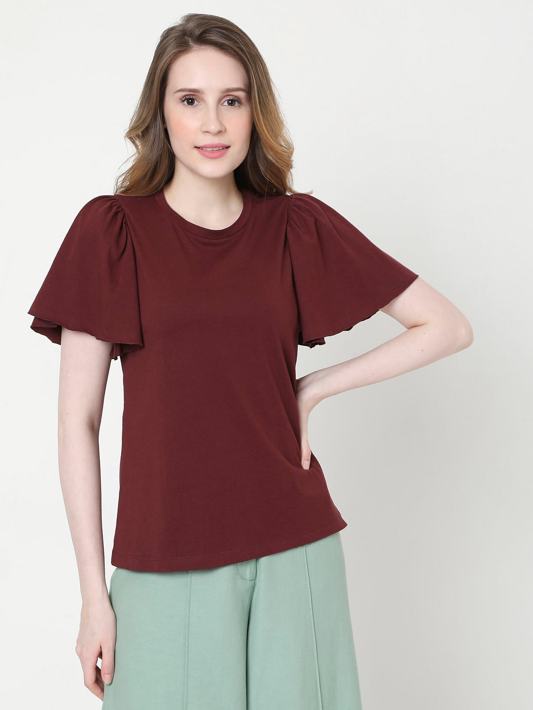 Maroon Organic Cotton Flared Sleeves Top
