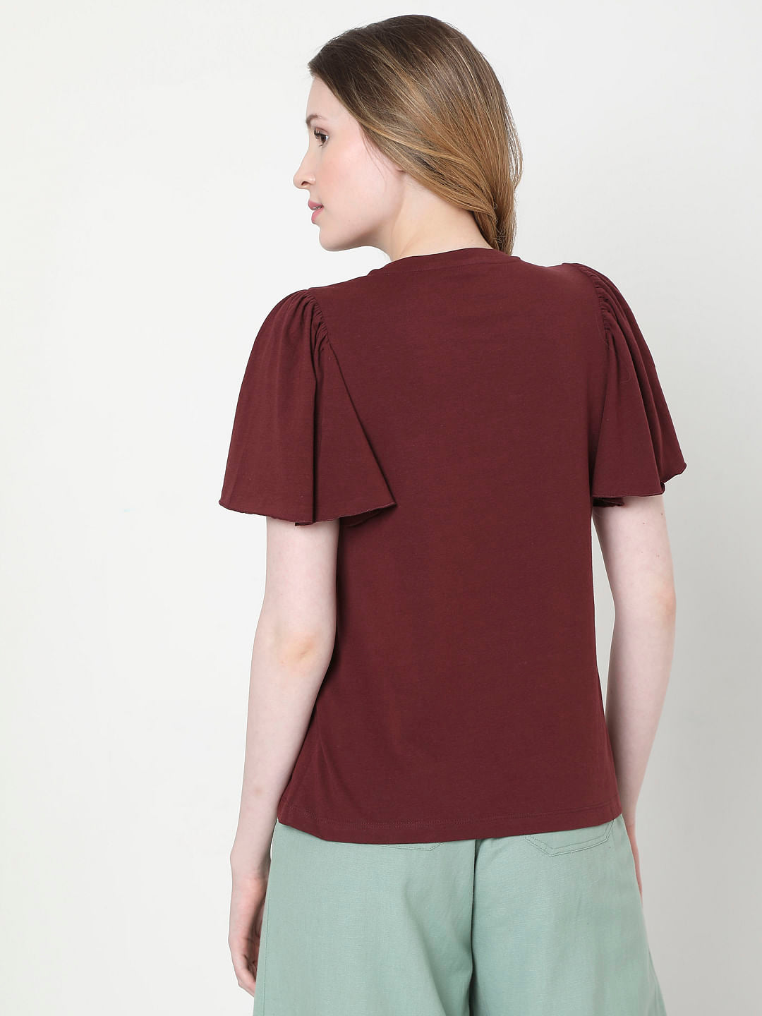 Maroon Organic Cotton Flared Sleeves Top