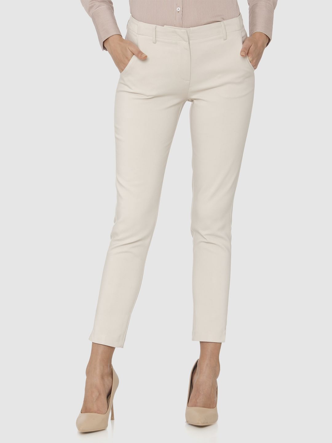 Beige Mid Rise Ankle Length Slim Fit Pants