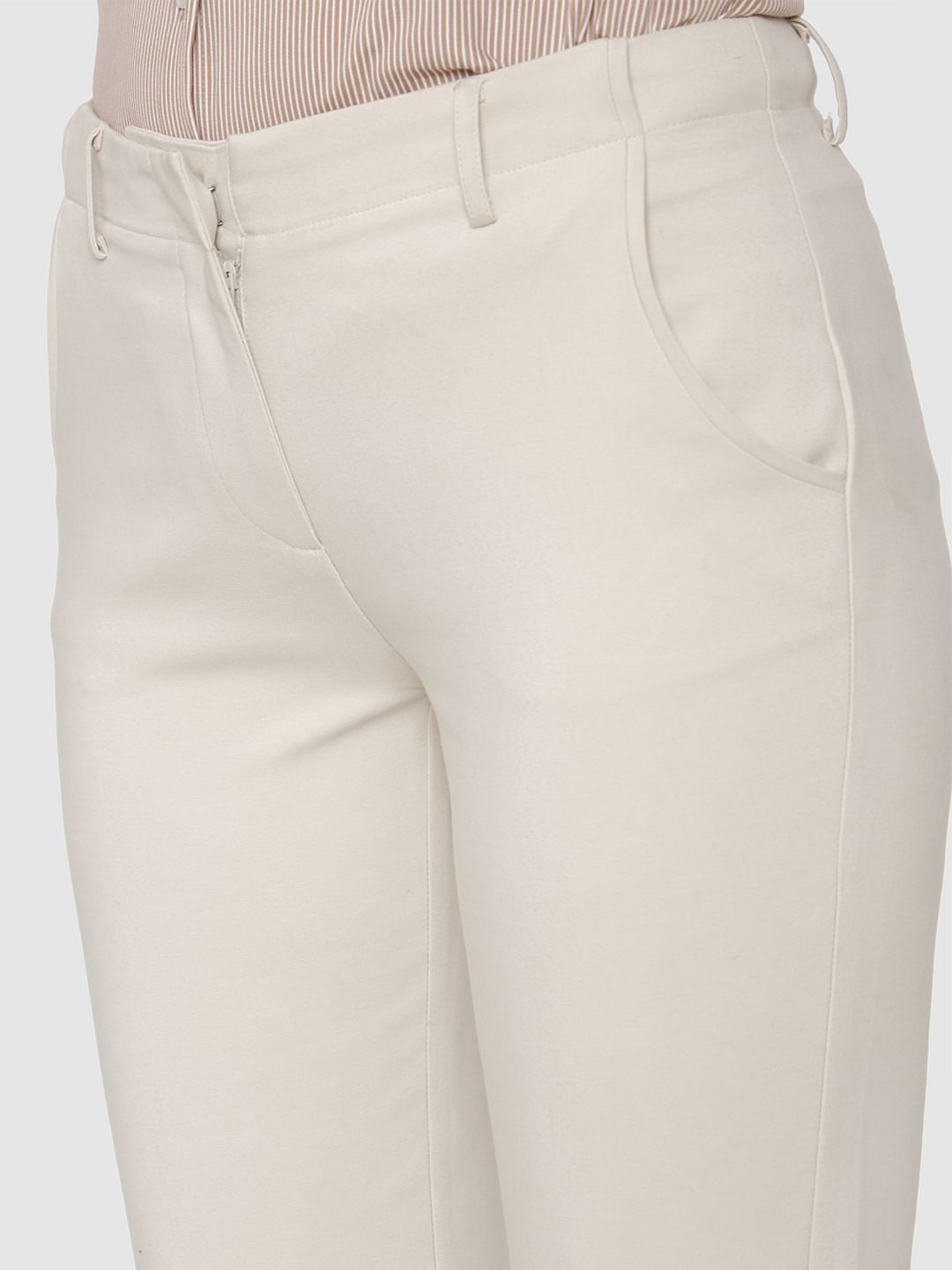 Beige Mid Rise Ankle Length Slim Fit Pants