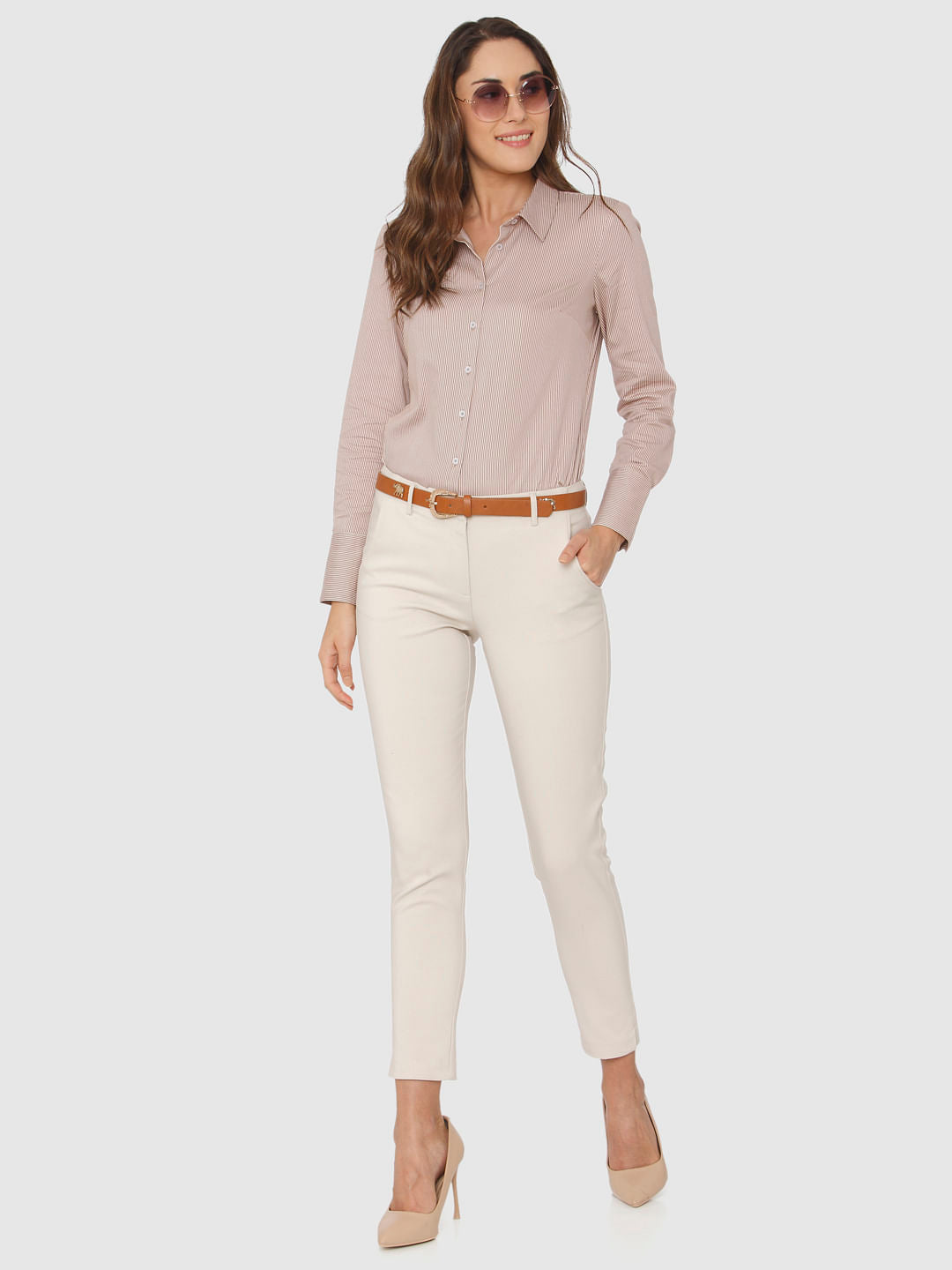 Beige Mid Rise Ankle Length Slim Fit Pants