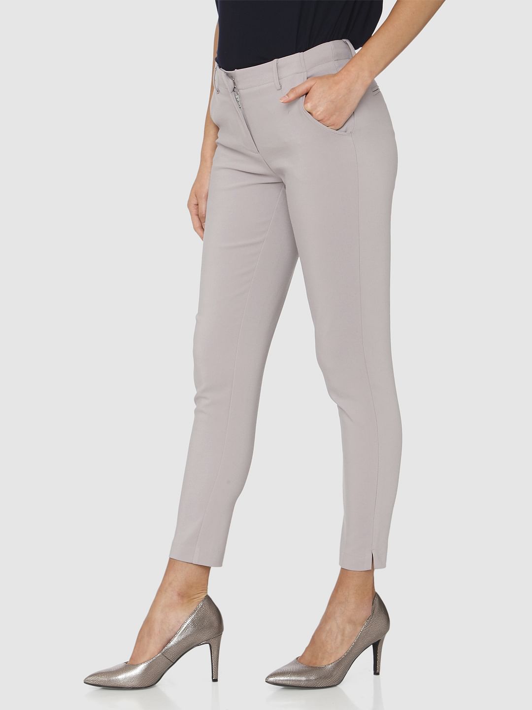 Grey Mid Rise Ankle Length Slim Fit Pants