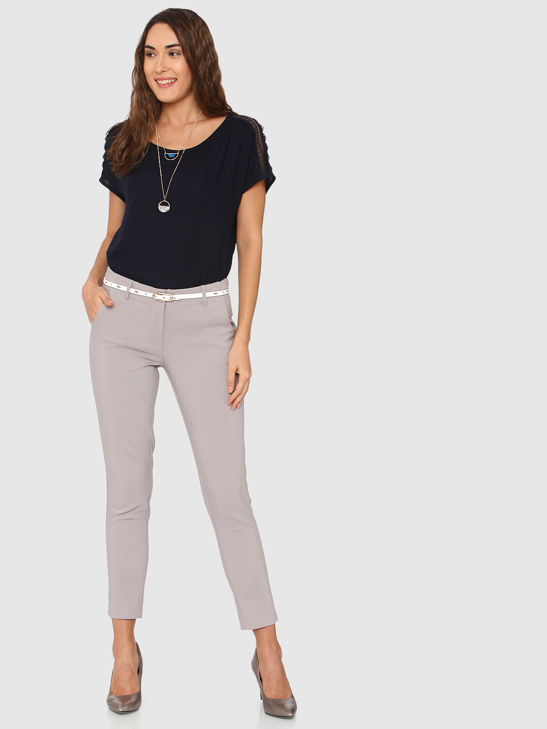 Grey Mid Rise Ankle Length Slim Fit Pants