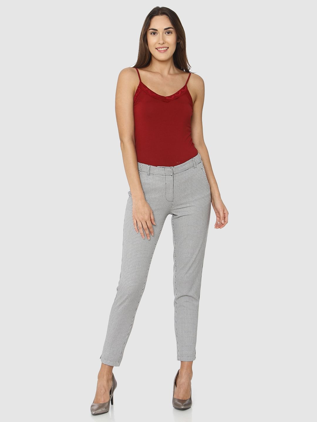 Grey Mid Rise Checks Ankle Length Slim Fit Pants